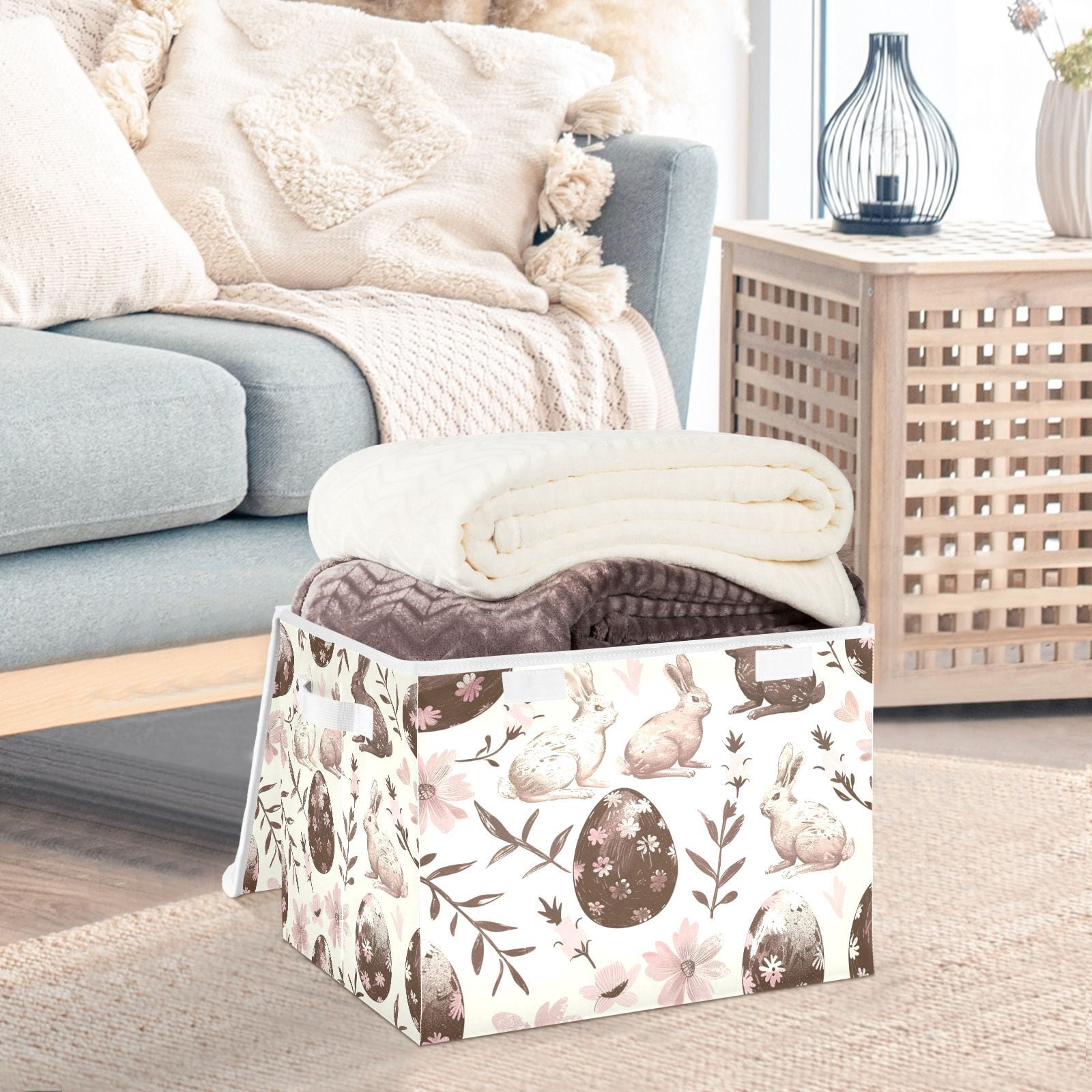 Chocolate Easter Eggs Rabbits Storage Basket for Shelves Foldable Container Organizer for Organizing Toys Clothes Books with Handles