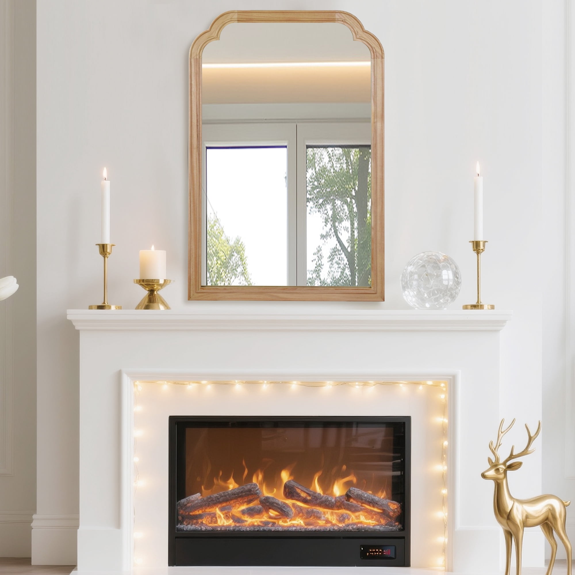 Leumius 20"x 30" Rounded Corner Mirror, Solid Wood Frame Decorative Mirror for Bedroom Bathroom Living Room Entryway Natural