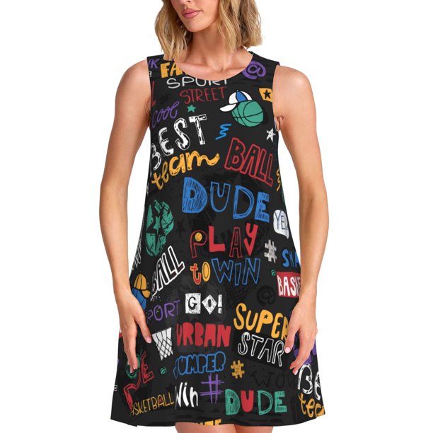 Fotbe Basketball Vestido de Verano sin Mangas para Mujer – Vestido Midi Línea A, Estilo Camiseta Floral, Vestido Playero Casual y Fluido