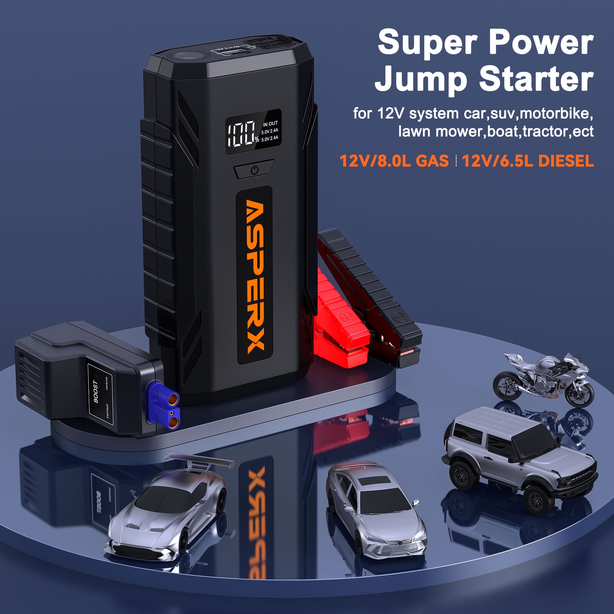 ASPERX Car Battery Jump Starter,2000A Peak Portable Jump Box for Car up to 8.0L Gas or 6.5L Diesel Engine, 12V Battery Power Booster with LED Light