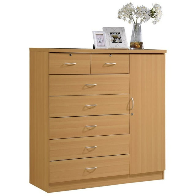 Pemberly Row Tall 7 Drawer Chest with 2 Locking Drawers and Garment Rod or Extra Storage in Beech