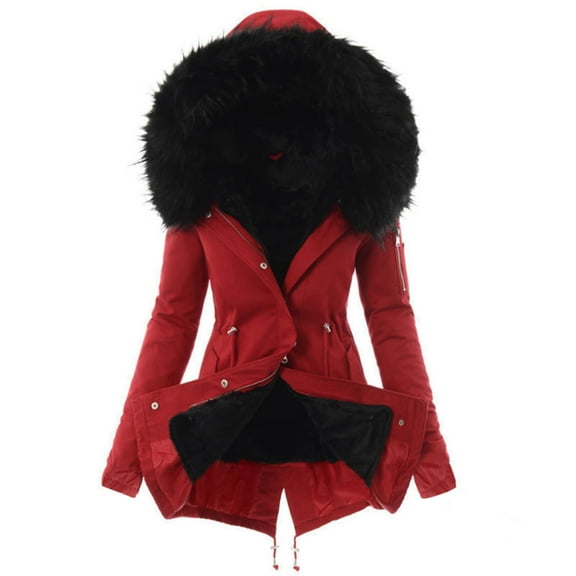 Black and Friday Clothing Sales Idoravan Trench Coats for Women Plus Size Ladies Lining Coat Womens Winter Warm Thick Long Jacket Hooded Overcoat Red XXXL