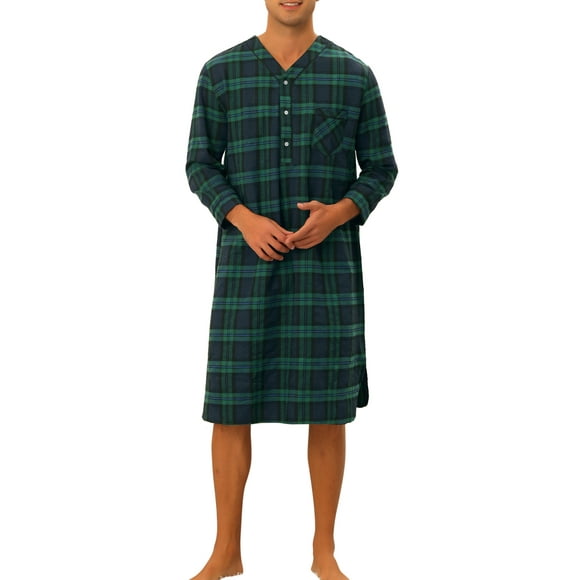Lars Amadeus Plaid Nightshirt for Men's Loose Fit Henley Necklike Checked Sleep Gown Pajamas Green Blue S