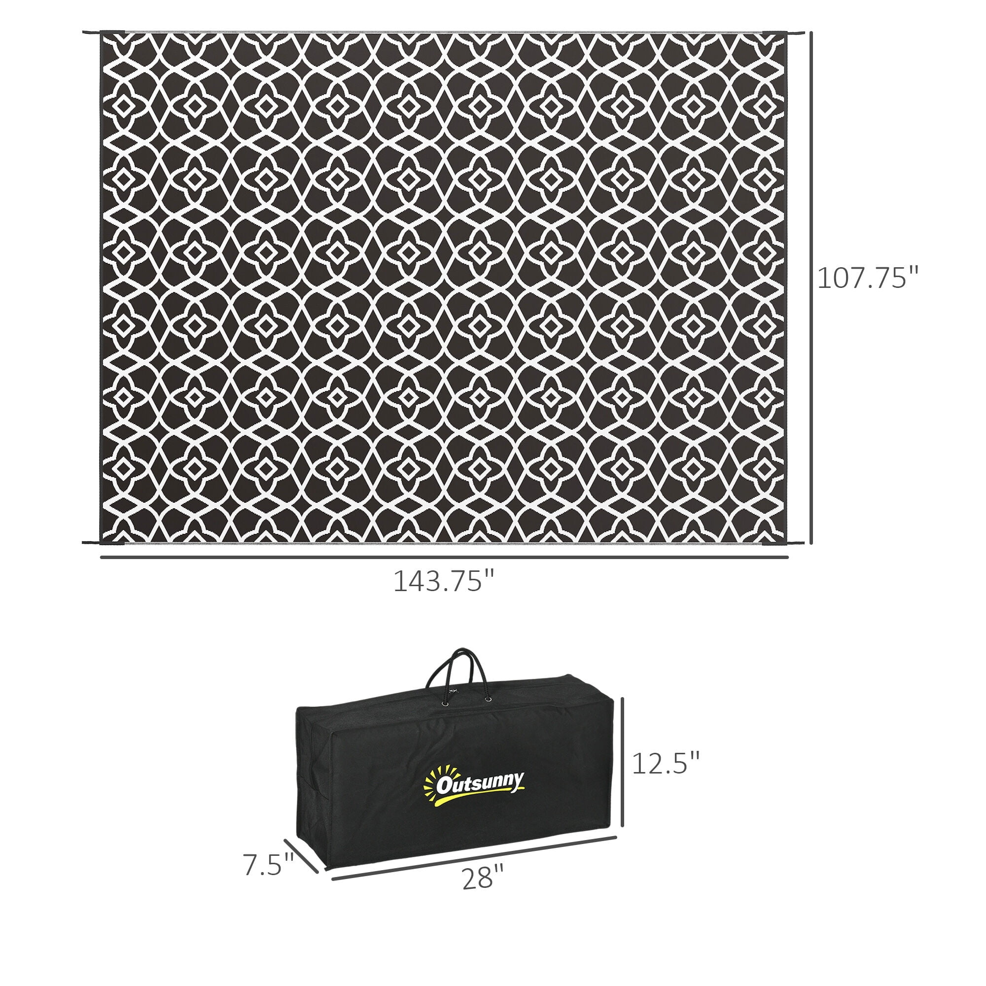 , Reversible Outdoor Rug, 9' x 12' Waterproof Plastic Straw Floor Mat, Portable RV Camping Carpet with Carry Bag, Large Floor Mat for Backyard, Deck, Picnic, Beach, Black & White Clover,