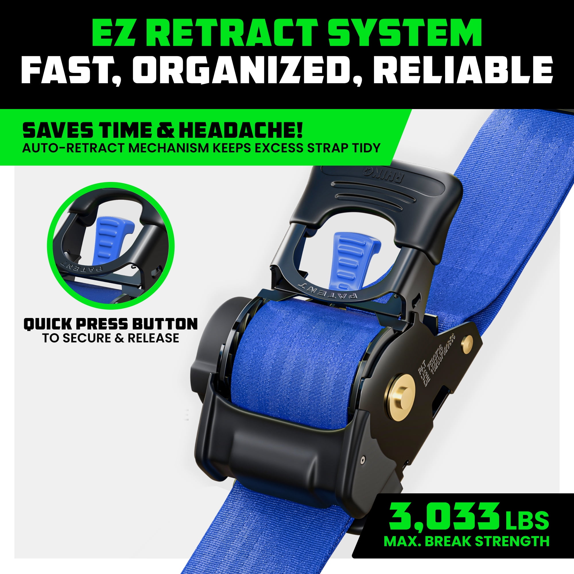 Rhino USA Heavy Duty 2" x 10' Retractable Ratchet Straps 3,033lb Break Strength (Blue 2-Pack)