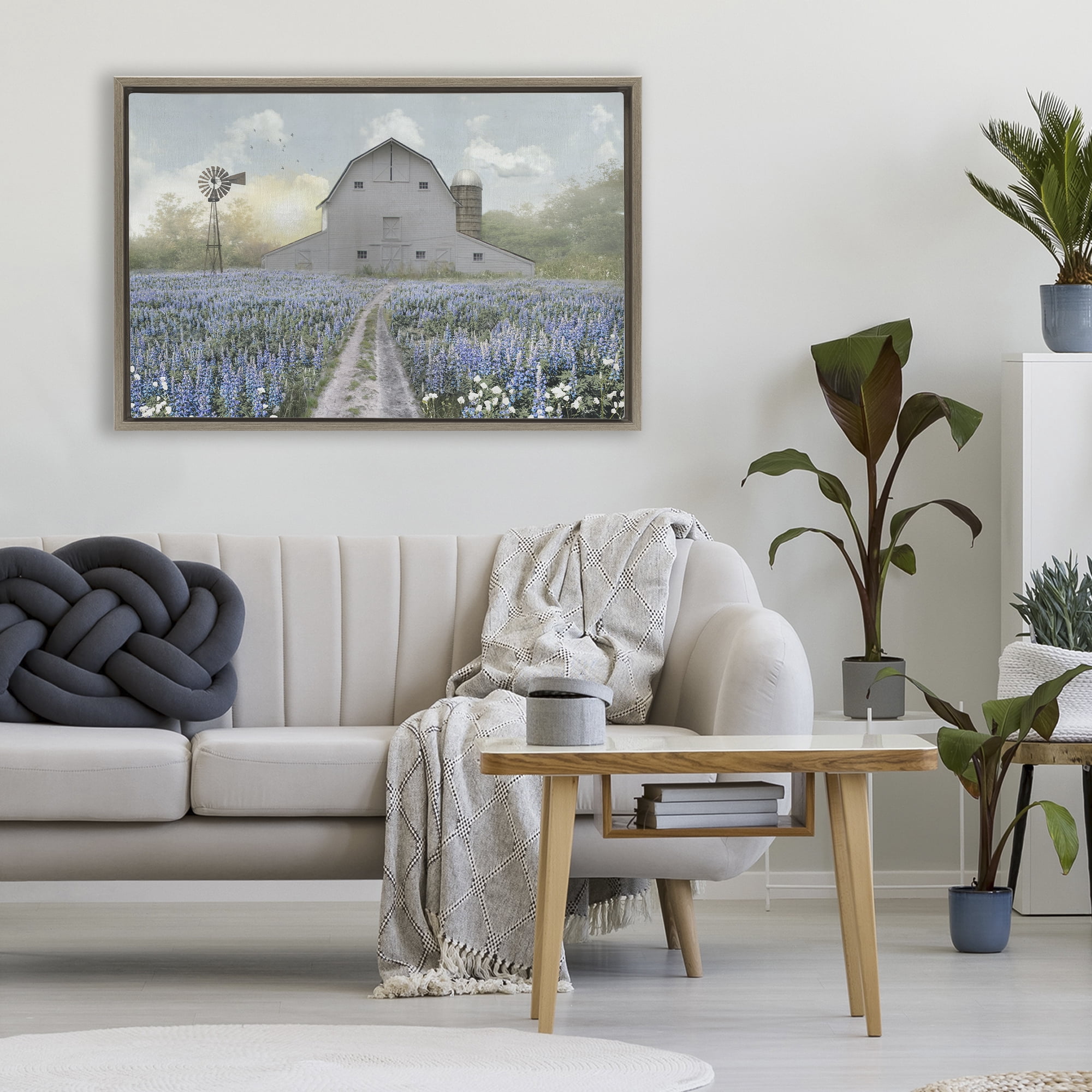 Stupell Industries Meadow of Blue Flowers & Barn Brown Framed Floater Canvas Wall Art, design by Nan