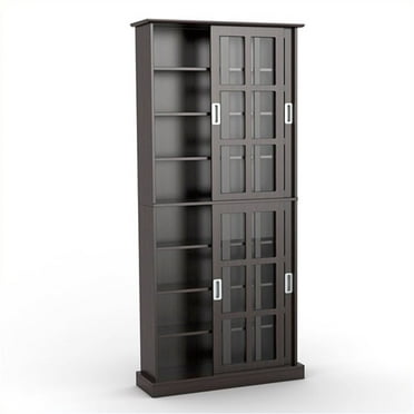Atlantic 72 Windowpane Media Storage, Espresso Bookcase With Glass Doors