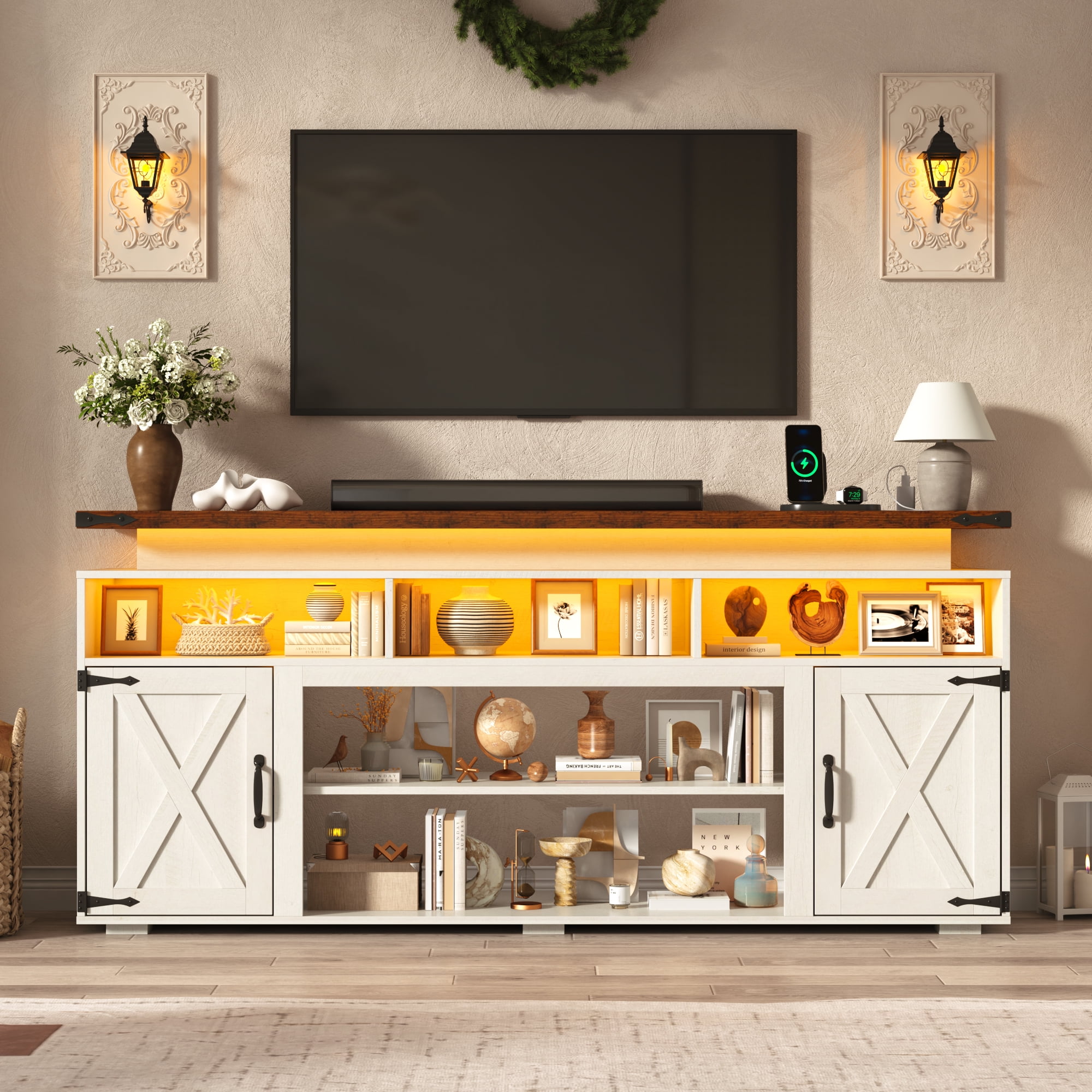 ChVans 70.8" Farmhouse TV Stand for TVs up to 85" with LED Lights, 32" Tall Entertainment Center with Power Outlet & Sliding Barn Door, Farmhouse Media Console for Living Room, White-brown