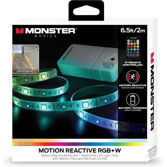 Monster Basics 6.5ft LED Strip Lights, Multicolor & Multiwhite LED Lights for Closet & Hallway, Motion Activated