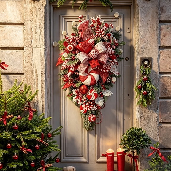 Candy Style Upside Down Wreath Garland, Artificial Hanging Ornament, Versatile Wall Front Door Decor for Home Festival Celebration