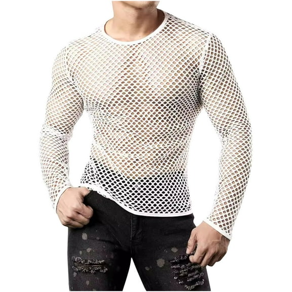 NaWent Men's Mesh Fishnet Top Long Sleeve Sheer See Through T Shirt Fitted Muscle Blouse Clubwear White 10(XL)
