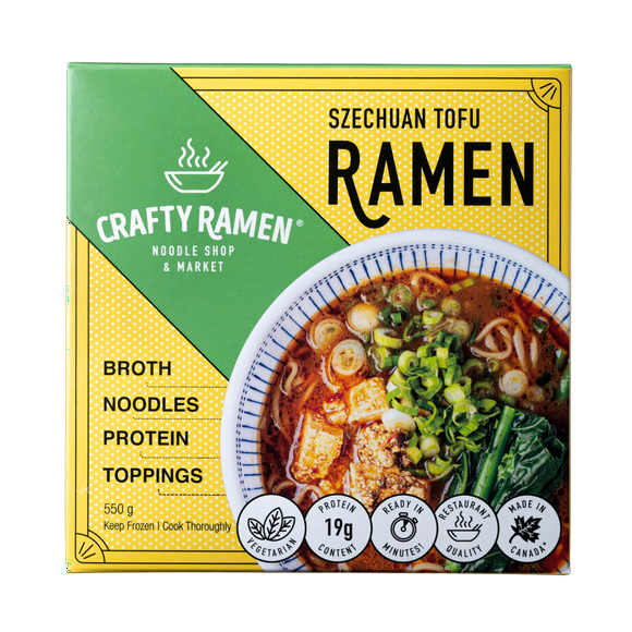 Szechuan Tofu Ramen, Restaurant-Quality Frozen Ramen - 550g, 19g Protein per serving. Includes: broth, noodles, protein, toppings. Ready in minutes.