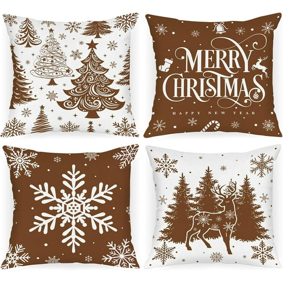Christmas Throw Pillow Covers 18x18 Set of 4, Merry Christmas Winter Xmas Snowflake Decorative Holiday Cushion Pillow Cases 18 x 18 for Outdoor Indoor Farmhouse Home Room Couch Decor (Brown)