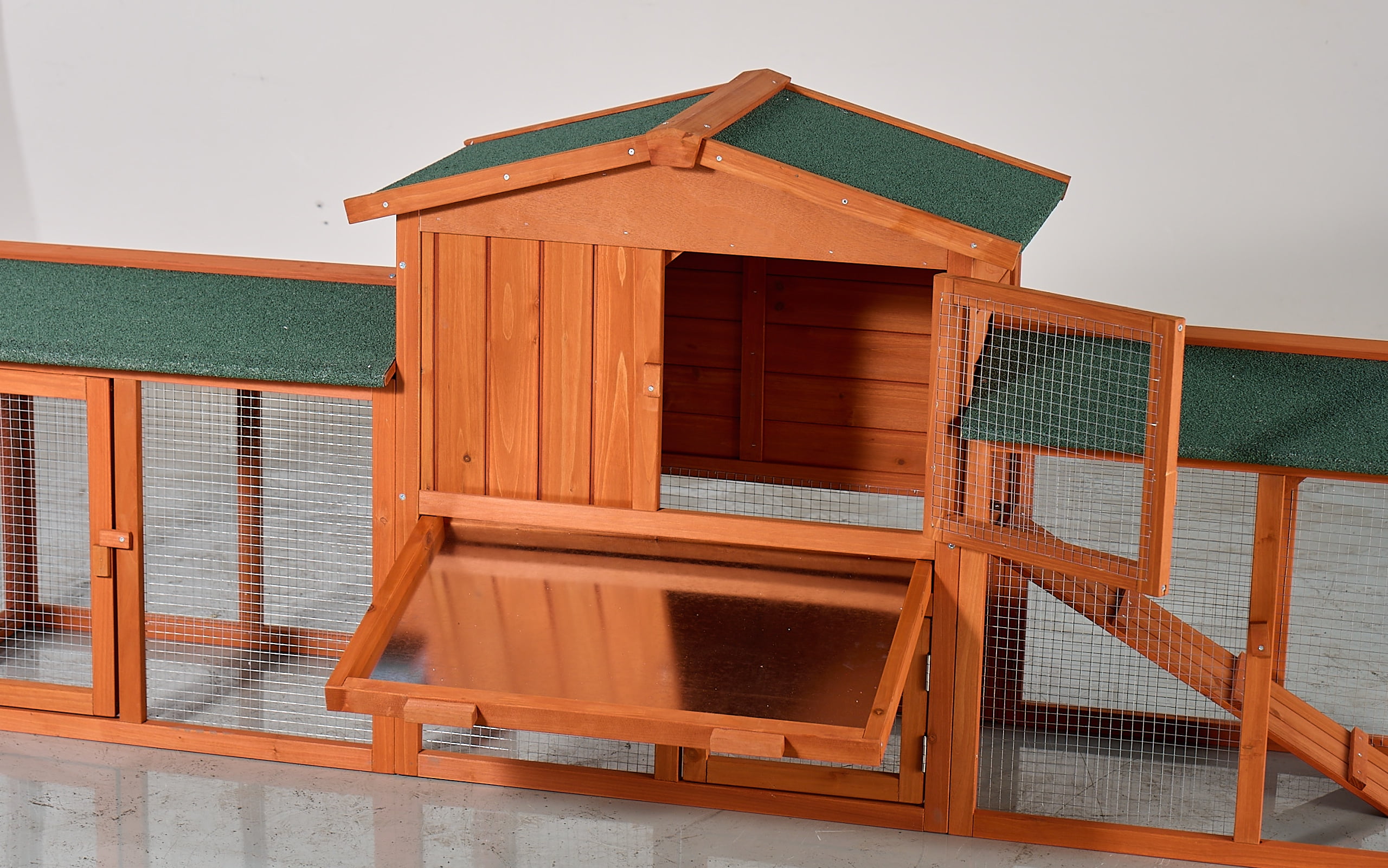 Large Wooden Rabbit Hutch, Outdoor Bunny Cage with Spacious Run, Waterproof Asphalt Roof, Pull-Out Tray and Ramp, Fir Wood Pet House for Rabbits, Chickens and Small Animals (Brown & Green)