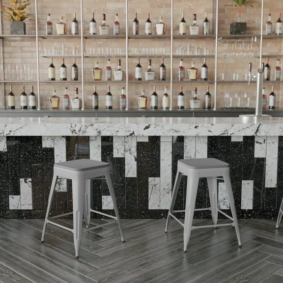 BizChair Set of 4 Commercial Grade 24" High Backless Silver Metal Indoor Counter Height Stools with Gray All-Weather Poly Resin Seats