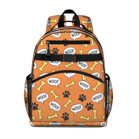 Dog Paw Print and Bone Orange Pattern Cute School Backpack Bag for School with Padded Back and Adjustable Shoulder Straps 15.25"x11.5"x5.25"