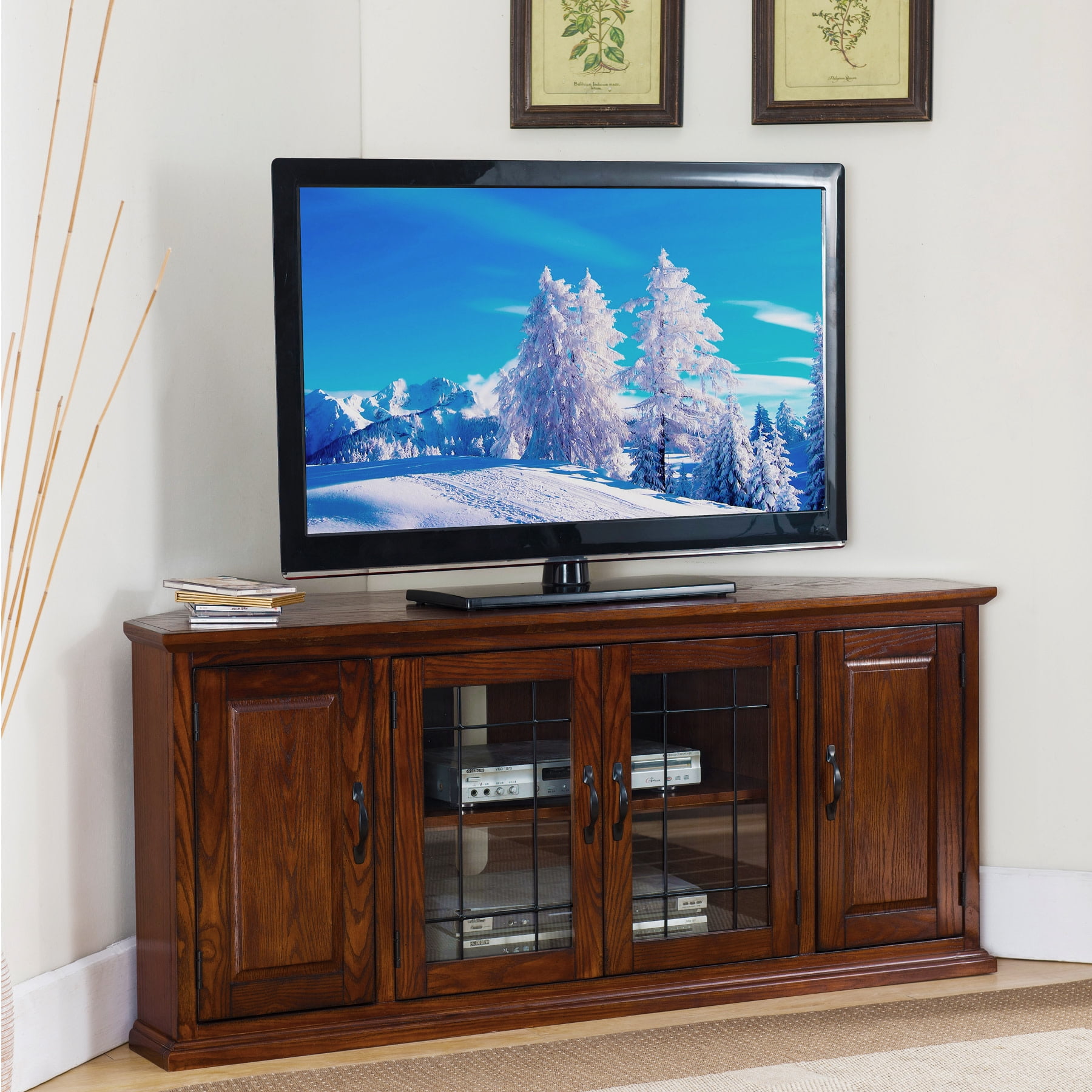 Leick Home Burnished Oak Corner TV Stand with Enclosed Storage for TVs up to 60 inches