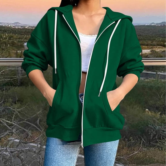BRGZLK Zip Up Hoodie for Women Fall Oversized Drawstring Hoodies Casual 3/4 Sleeve Fleece Jacket Solid Color Cozy Sweatshirts with Pockets 2026 Army Green L