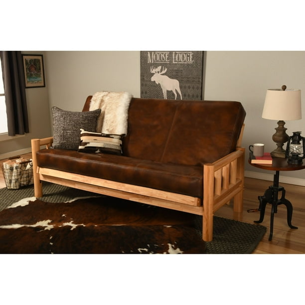 Somette Lodge Futon Set in Natural Finish with Faux Leather Mattress