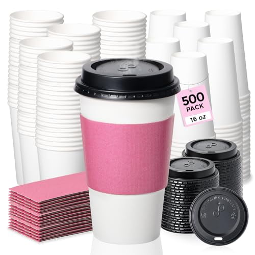 Fit Meal Prep [500 Pack 16 oz Paper To Go Coffee Cups with Lids and Pink Sleeves, Disposable, White Dome Lids Leak Proof for Hot/Cold Beverages, Chocolate, Tea, Juice, Party