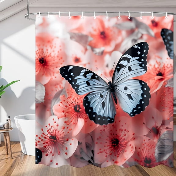 Peach Flower Butterfly Printed Shower Curtain, Waterproof Fabric Shower Curtain, Washable Polyester Bath Curtain for Bathroom Decor 36"W X 72"H