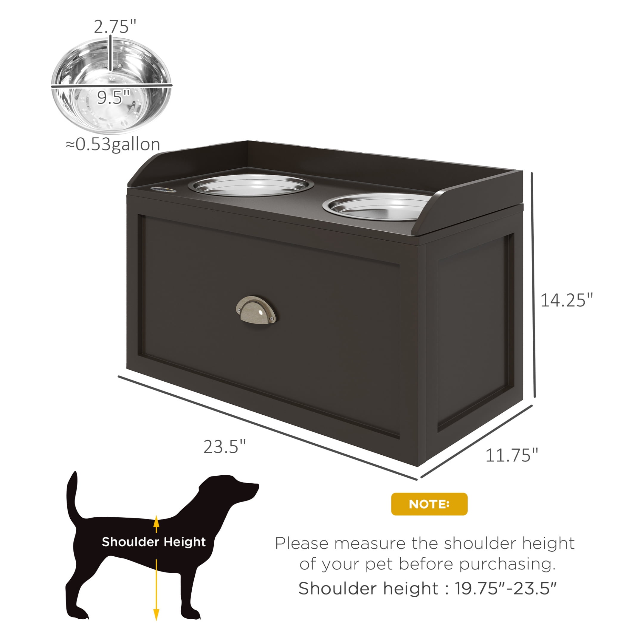 Dog Feeding Station with Storage Drawer, Storage Cabinet with 2 Removable Elevated Dog Bowls for Large Sized Dogs, Coffee