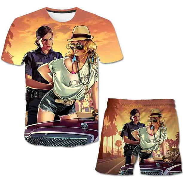 Traje de moda para niño, conjunto de ropa informal de verano, Top corto, 2 uds., conjunto de ropa para bebé, juego Grand Theft Auto, GTA 5, trajes para niños, ropa 12M Gao Jinjia LED