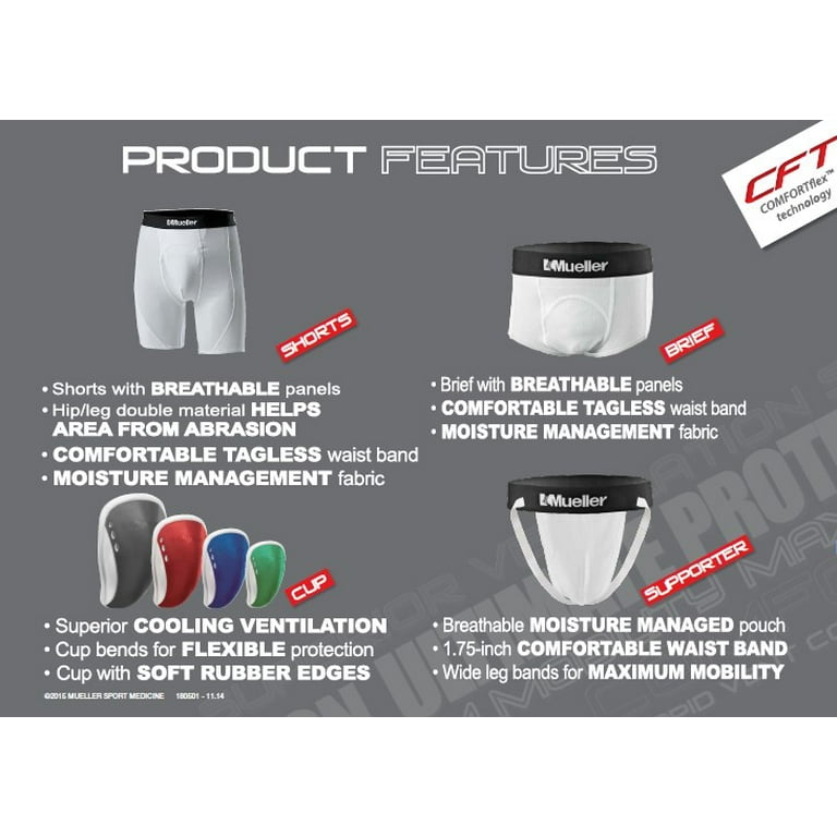 Mueller Peewee Athletic Support Brief with Flex Shield Cup White Green Pewee Large
