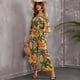thumbnail image 3 of Pantalones de pierna ancha de cintura alta de manga corta con volantes y hombros descubiertos florales de verano para mujer mono suelto informal hoja de mostaza mediana, 3 of 5