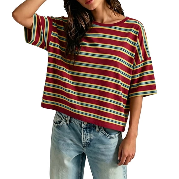 OOOUM Women Striped Crop T-Shirt Oversized Drop Shoulder Short Sleeve tee shirts Loose Soft Cotton Casual Basic Cropped shirt Tops Red S