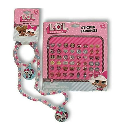 L.O.L. Surprise! Sticker Earrings (24 Sets) & Beaded Necklace & Bracelet Jewelry Set for Girls (LOL Sticker Earrings & Blue Jewelry Set)
