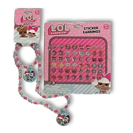Beaded Set Jewelry Set - L.O.L. Surprise! Sticker Earrings (24 Sets) & Beaded Necklace & Bracelet Jewelry Set for Girls (LOL Sticker Earrings & Blue Jewelry Set)