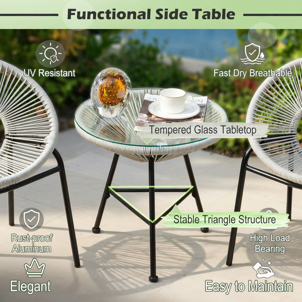 Hommoo 3-Piece Outdoor Acapulco Bistro Set, PE Rope Chairs + Tempered Glass Table for Patio, Yard & Poolside, Gray