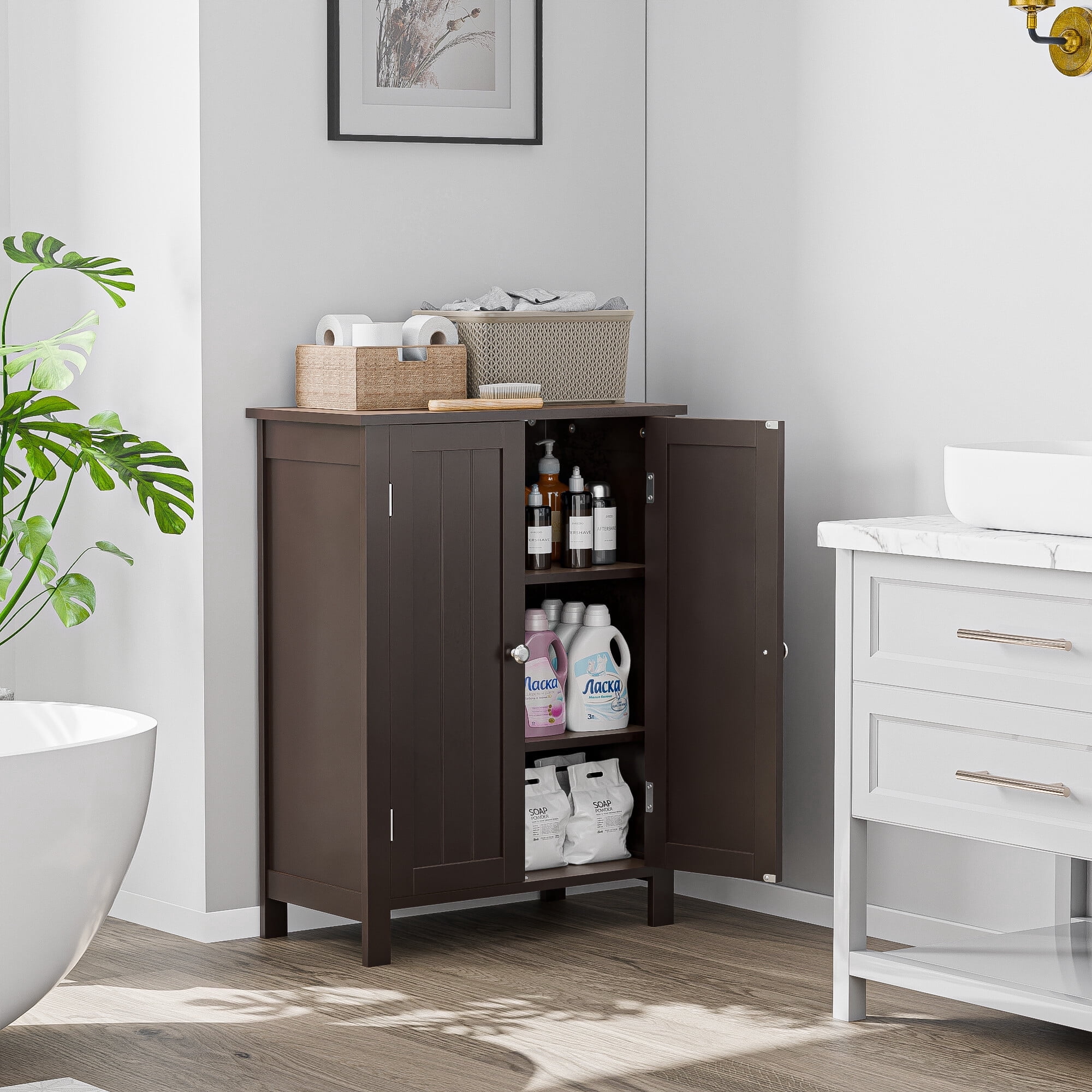 SuperDeal Bathroom Cabinet Floor Storage Organizer Cabinet Freestanding Cupboard Adjustable Shelves, Brown