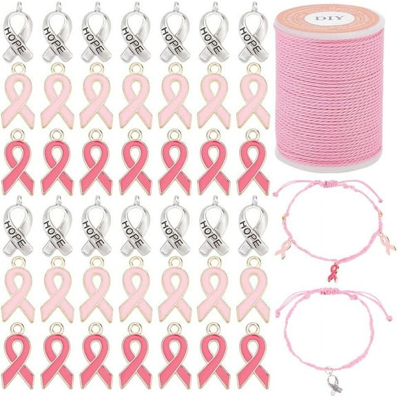 60pcs Breast Cancer Awareness Charms Pink and Silver Ribbon Pendants Enamel Awareness Dangle Charms with Waxed Cord Alloy Hope Pendants
