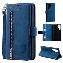 Nalacover Zipper Wallet Case For Samsung Galaxy S22 Ultra,360 Protection Luxury PU Leather Flip 9 Card Slots and 2 Cash Pockets Holder Magnetic Shockproof Cover with Detachable Wrist Strap,Darkblue
