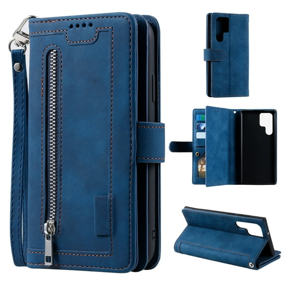 Jiahe Cover For Samsung Galaxy S22 Ultra 6.8 inch Zipper Wallet Case,Rugged Shockproof with Card Slot Holder Wrist Strap Kickstand Flip Leather Cover,Darkblue