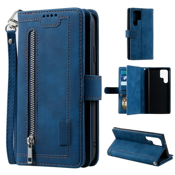 Jiahe Cover For Samsung Galaxy S22 Ultra 6.8 inch Zipper Wallet Case,Rugged Shockproof with Card Slot Holder Wrist Strap Kickstand Flip Leather Cover,Darkblue