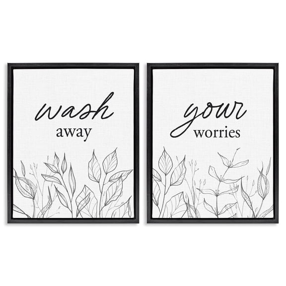 Wash Away Worries Minimalist Leaves 2 Piece Black Framed Floater Canvas Set, design by Lettered and Lined