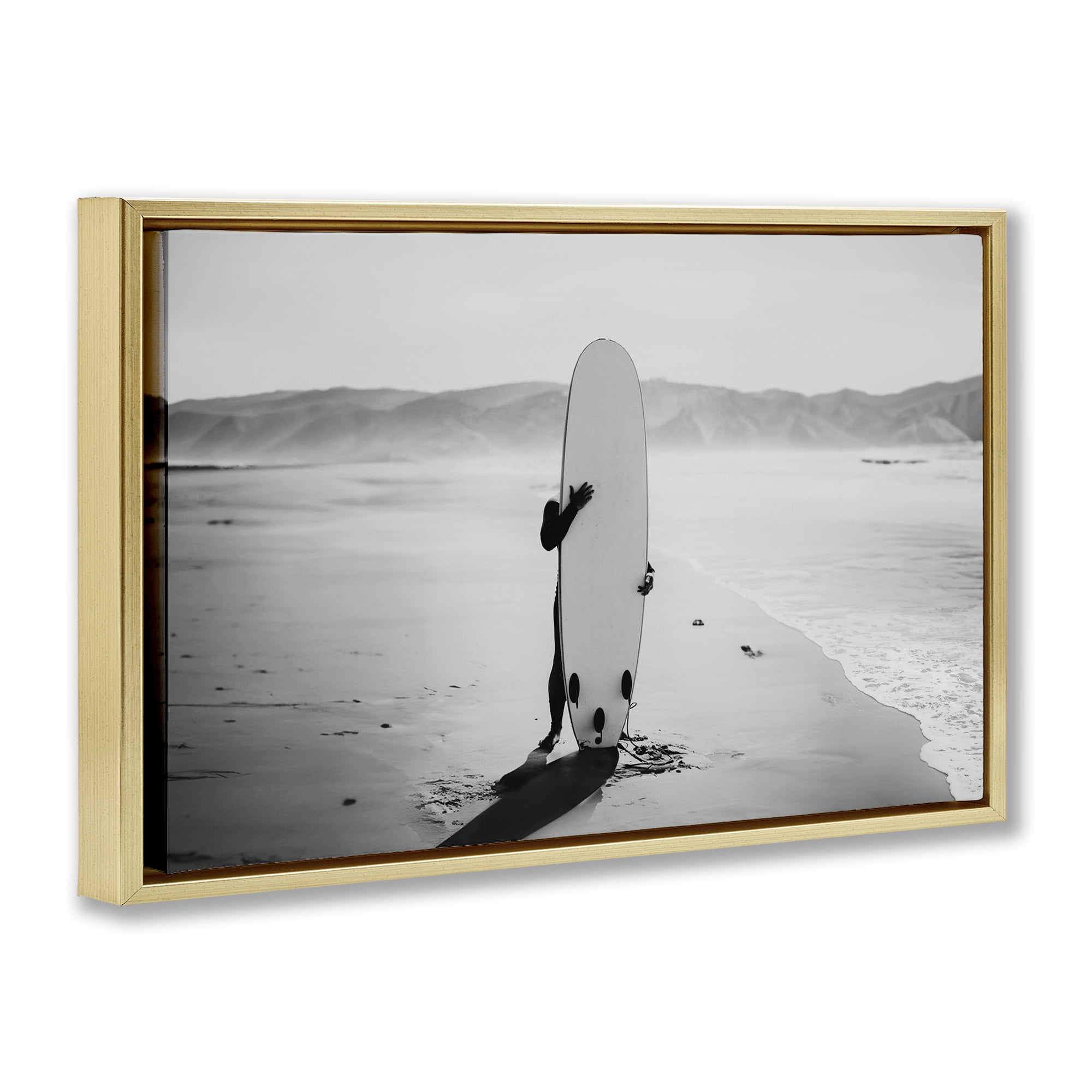 Stupell Industries Hiding with Surfboard Sports Photography Gold Floater Framed Canvas Art Print Wall Art, 31 x 21