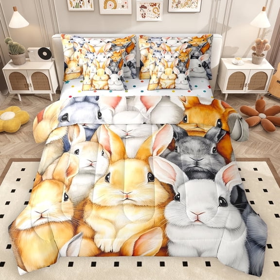 Erosebridal Rabbits Print Twin Bedding Sets for Kids, Cute Animal Bedding Comforter Set, Polka Dots Reversible, 7 Pieces