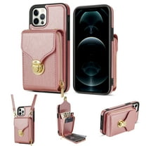 for iPhone 12 Pro Max Case Wallet with Shoulder Strap for Women - Crossbody Lanyard,Zipper Pocket,Credit Card Holder,Shockproof - Metal Buckle Closure Premium PU Leather Case, Rosegold