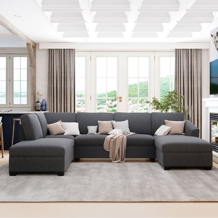 Holaki Modern Large 6 Seat U-Shape Fabric Sectional Sofa, Double Extra Wide Chaise Lounge Couch, Gray