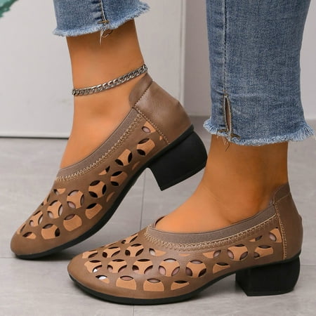 

Cathalem Dress Casual Shoes for Women Low Heel Leisure Women s Summer Hollow Out Non Slip High Heels Round Toe Breathable Slip On Shoes Khaki 7