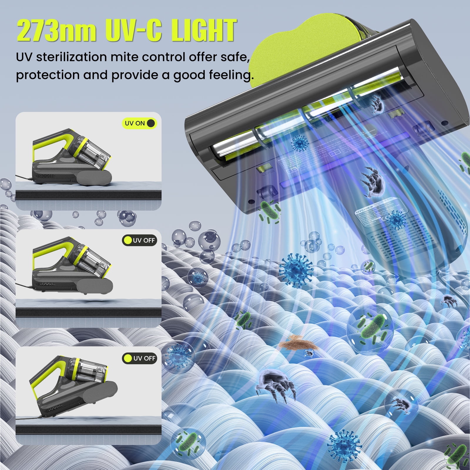 Mattress Vacuum Cleaner, 15Kpa Powerful Suction Bed Vacuum Cleaner with 273nm UV-C Lamp, 140°F Heating Function, Ultrasonic High Impact, with HEPA Filter