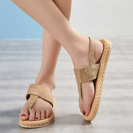 

Cethrio Womens Summer Comfort Flats Sandals- Wide Width on Clearance Beach Flip Flops Comfy Soles with Pockets Beige Dressy Sandals/ Slides Size 4.5