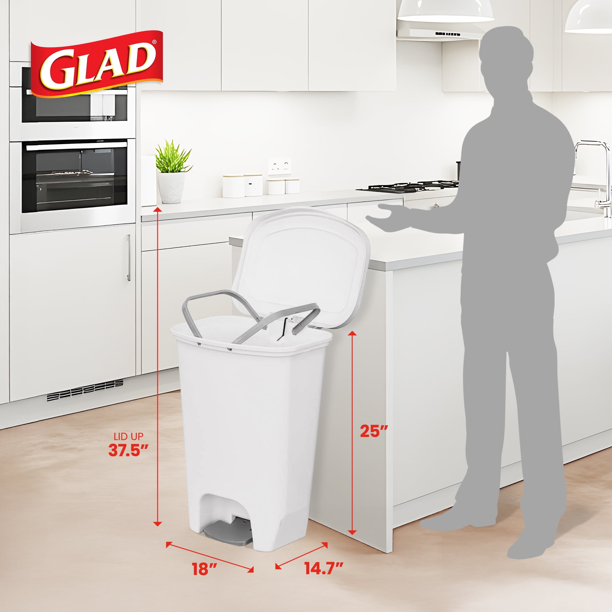 Glad Kitchen Trash Can with Lid, Step Foot Pedal and Garbage Bag Rings, 13 Gallon, White