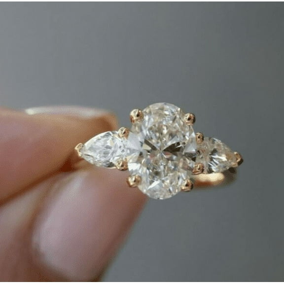 Forever Jewels 3Ct Oval Cut Moissanite Women 3 Stone Engagement Ring 14K Yellow Gold Plated