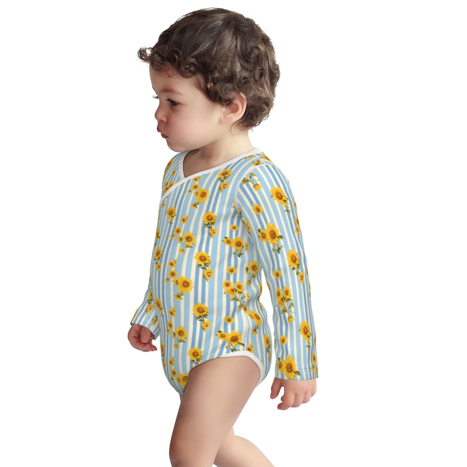 Xecao Blue White Striped Sunflower Print Baby unisex-baby Cotton Long-sleeve Bodysuits-18 Months