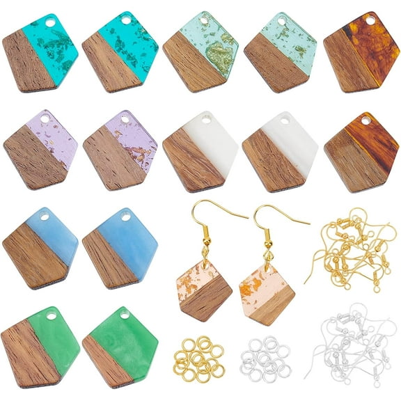 DIY Earring Making Kit Including Resin & Walnut Wood Pendants Iron Earring Hooks & Open Jump Rings Polygon Mixed Color 156pcs/box